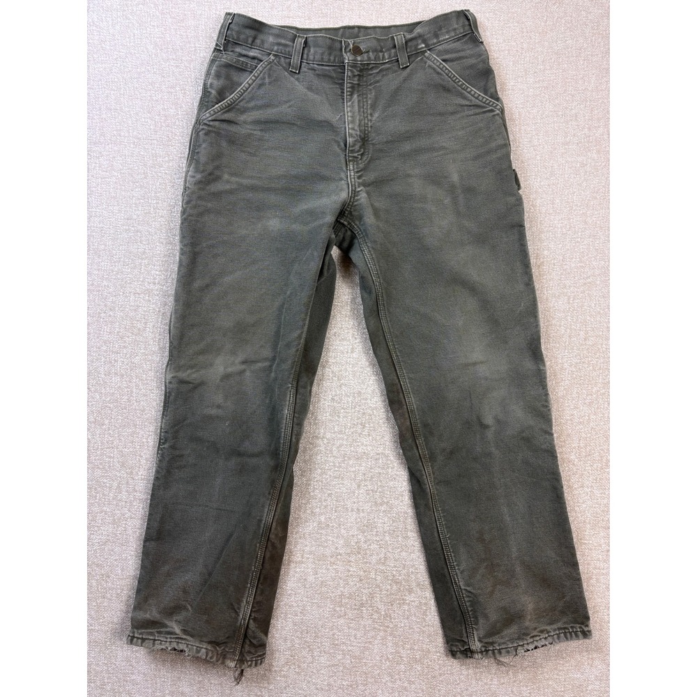 Carhartt B111 MOS Flannel Lined Dungaree Pants Moss Green 31x30 Vintage Workwear